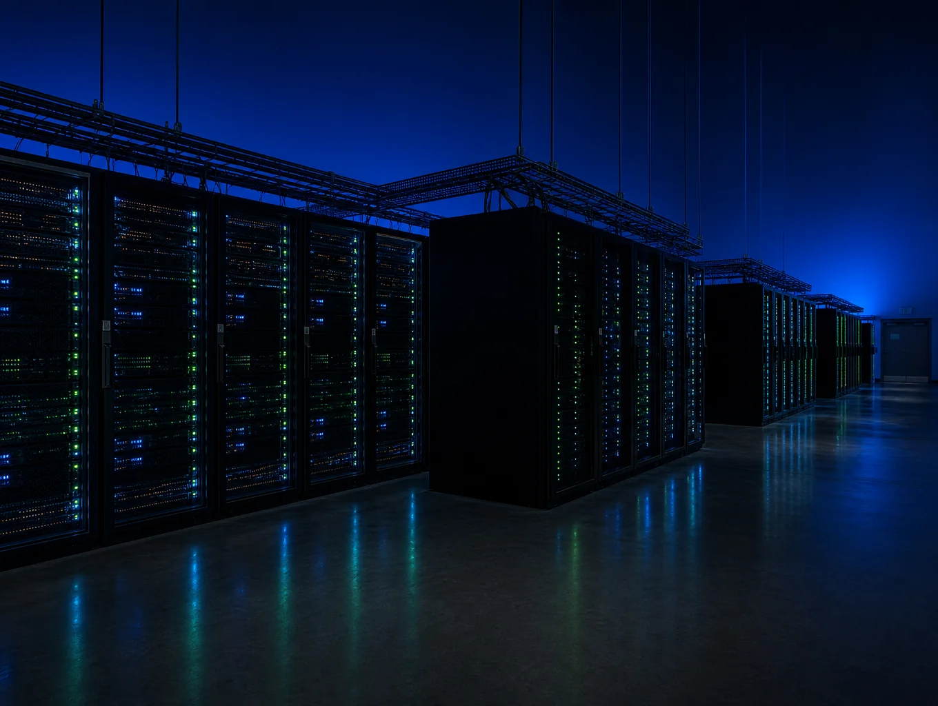 Rechenzentrum mit Server-Racks und technischen Statusanzeigen