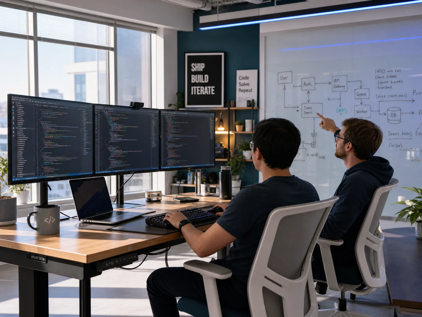 Software-Entwickler und QA-Ingenieur analysieren automatisierte Testläufe auf hochauflösenden Monitoren