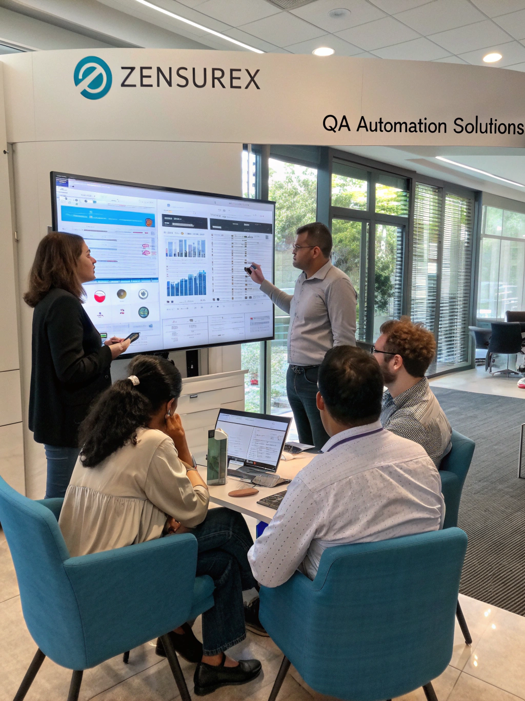 Agiles QA-Team analysiert Testabdeckung vor einem Whiteboard mit Systemarchitekturen