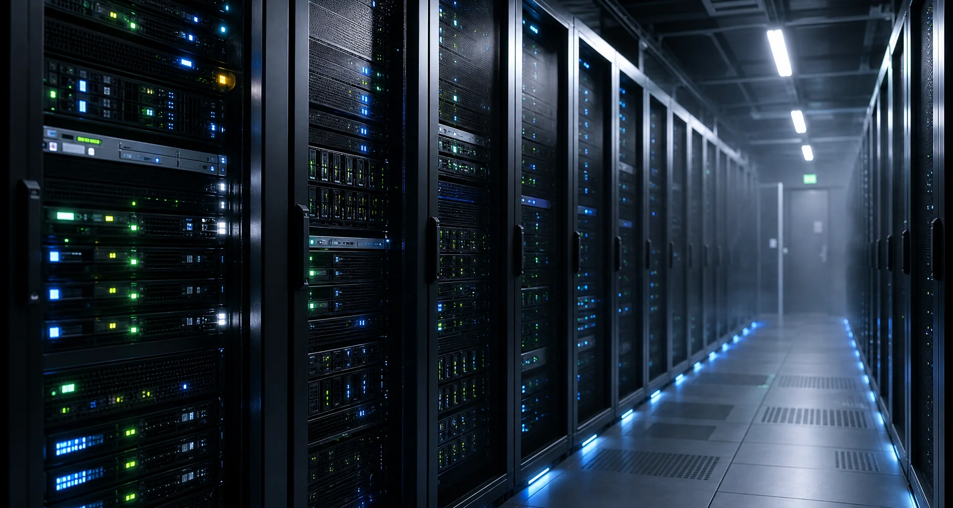 Modernes Rechenzentrum mit Server-Racks und LED-Indikatoren für Qualitätssicherung und Systemstabilität
